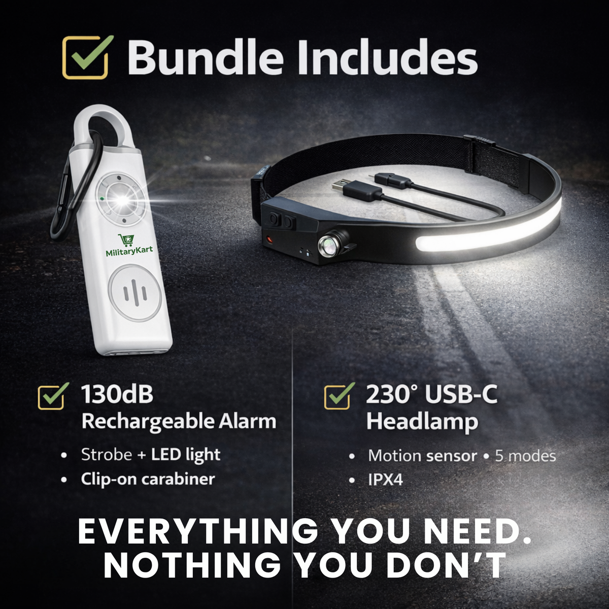 Personal Safety Kit – 130dB Alarm Keychain + 230° USB-C Headlamp (Motion Sensor, IPX4) – Night Walking Safety