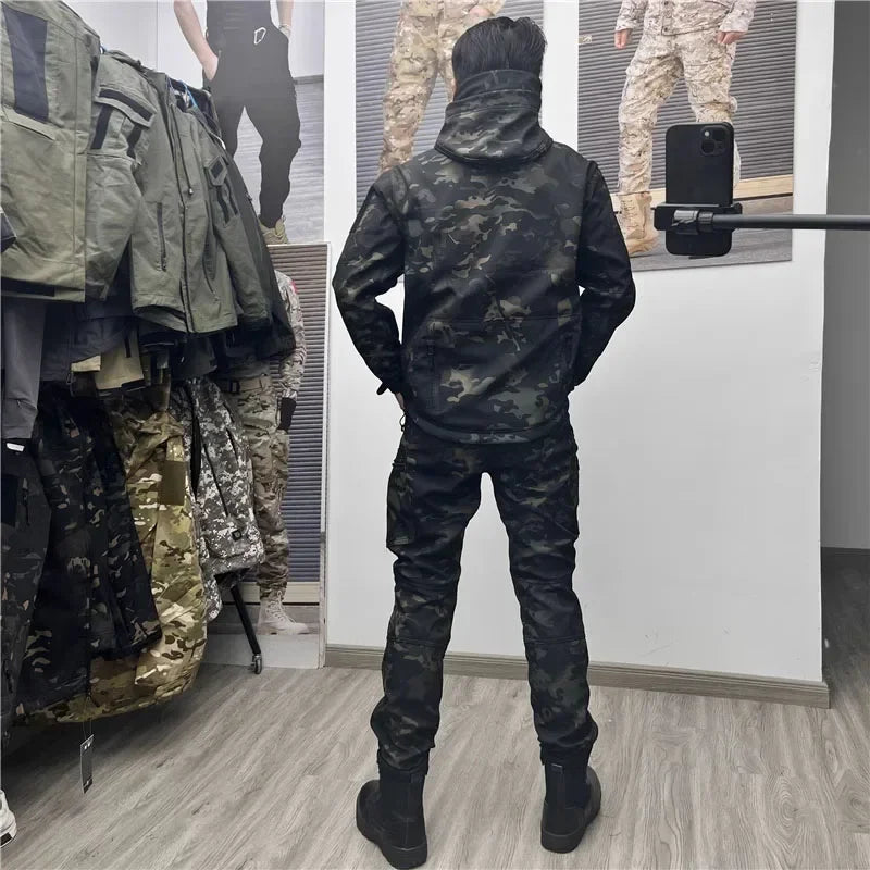 Men's Military Tactical Uniform Set - Hooded Soft Shell Hunting Jacket with Breathable Long Sleeve Shirt and Multi-Pocket Cargo Pants - Unisex
