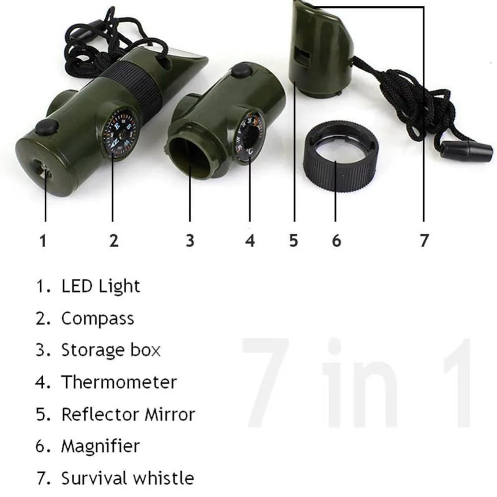 7-in-1 Emergency Survival Whistle – Multifunction Outdoor Survival Tool with Compass, LED, and Storage