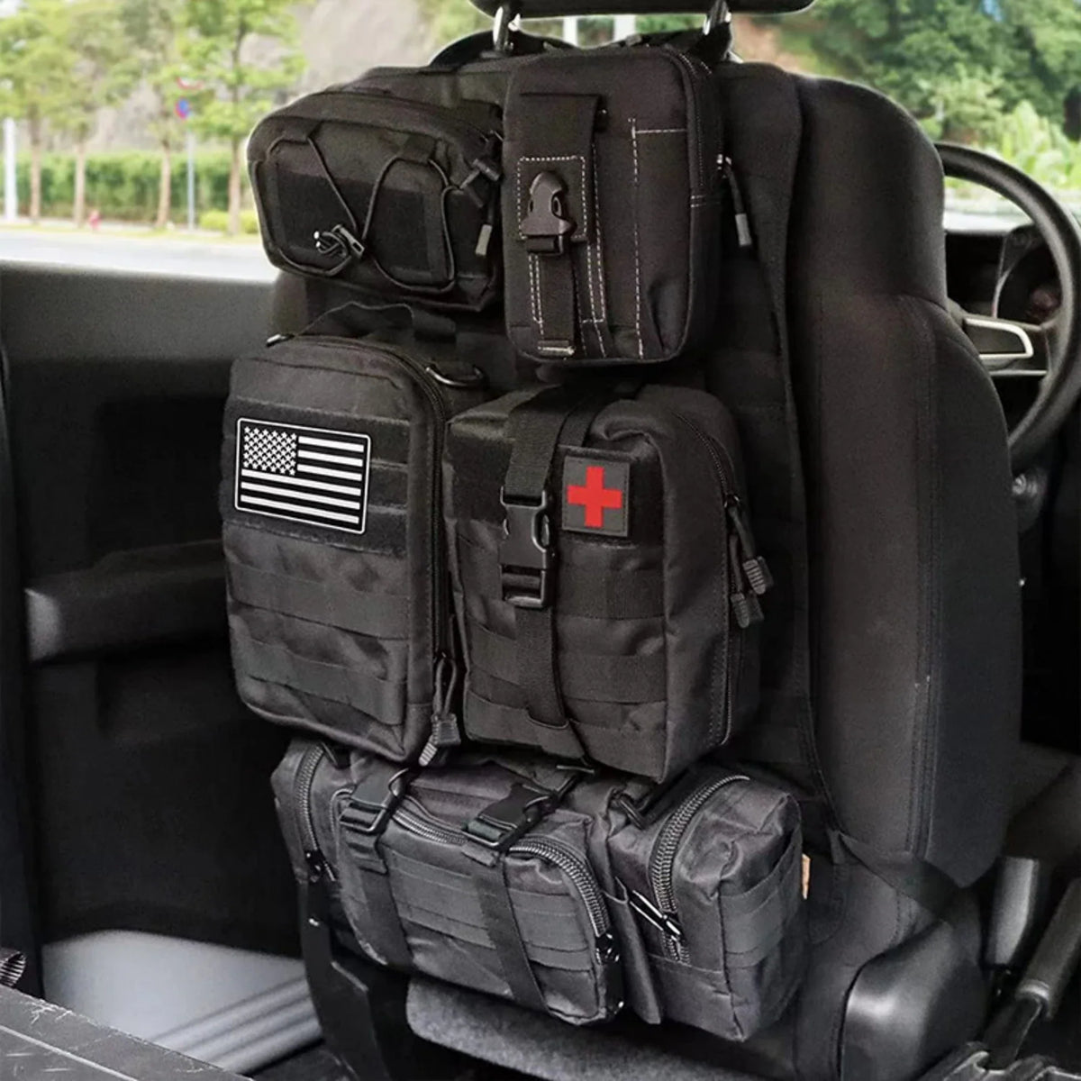 Tactical Back Seat Molle Organizer with 5 Detachable Molle Pouches