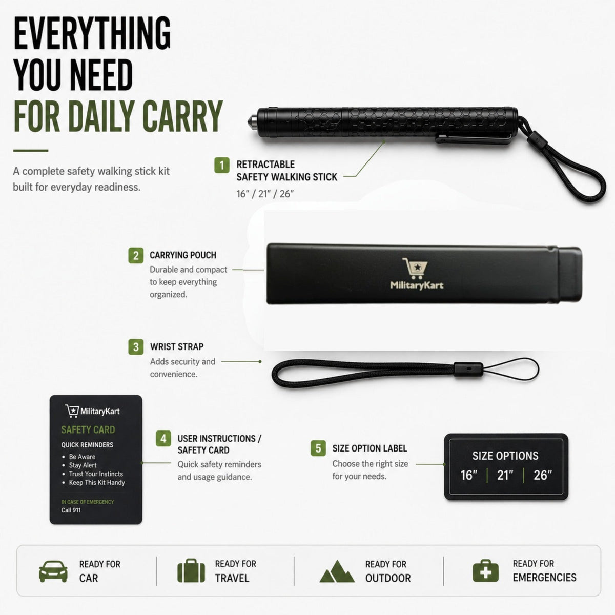 Retractable Safety Walking Stick – Emergency Car Escape Tool with Glass Breaker