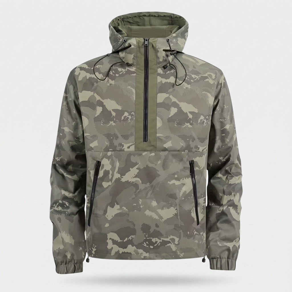 Men's Camo Windbreaker Jacket - Lightweight Hooded Anorak - Half-Zip