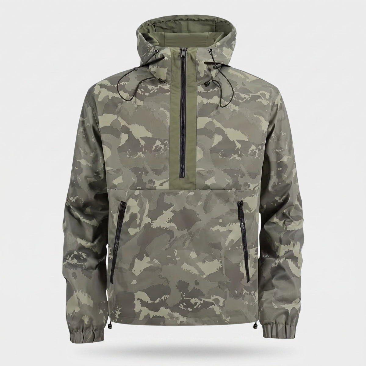 Men's Camo Windbreaker Jacket - Lightweight Hooded Anorak - Half-Zip