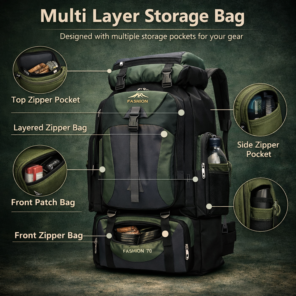 70L Hiking Rucksack - Large Capacity Trekking Backpack with Adjustable Straps for Camping and Multi-Day Hiking