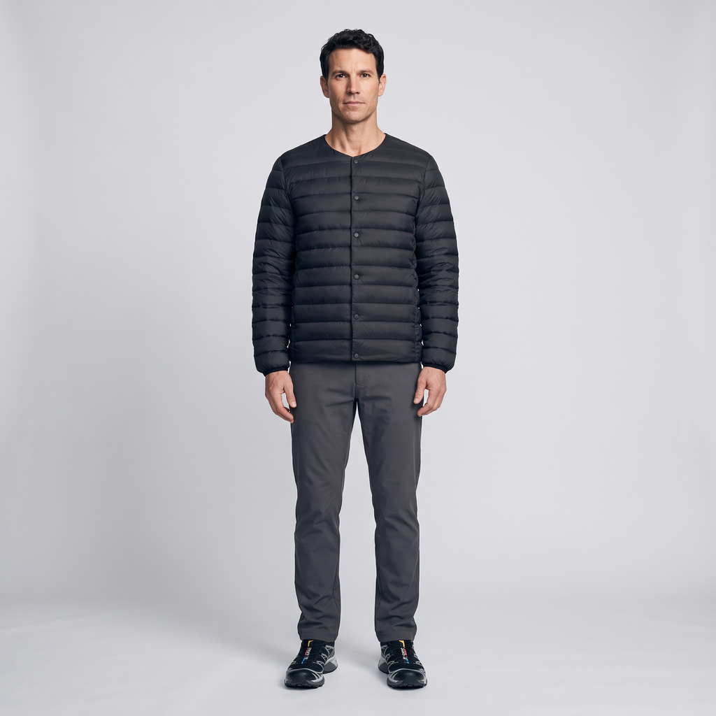 Men's Down Jacket - Convertible V-Neck Collar - Quilted Lightweight