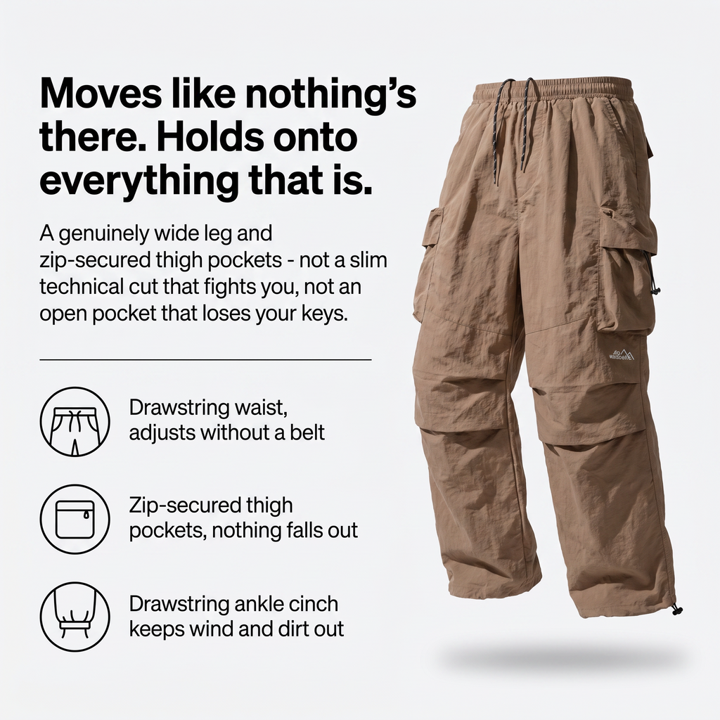 Men's Cargo Trousers | Baggy Wide-Leg Parachute Pants with Zip Pockets