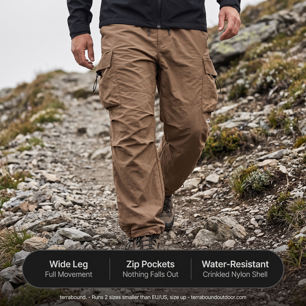 Men's Cargo Trousers | Baggy Wide-Leg Parachute Pants with Zip Pockets