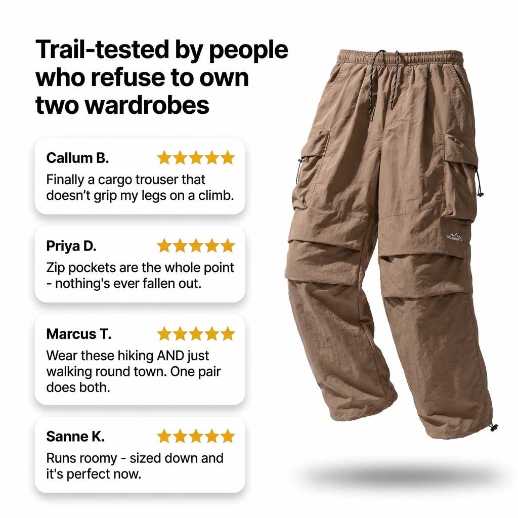 Men's Cargo Trousers | Baggy Wide-Leg Parachute Pants with Zip Pockets