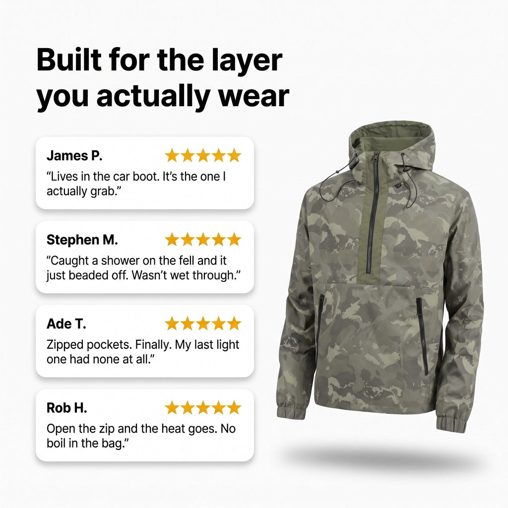 Men's Camo Windbreaker Jacket - Lightweight Hooded Anorak - Half-Zip