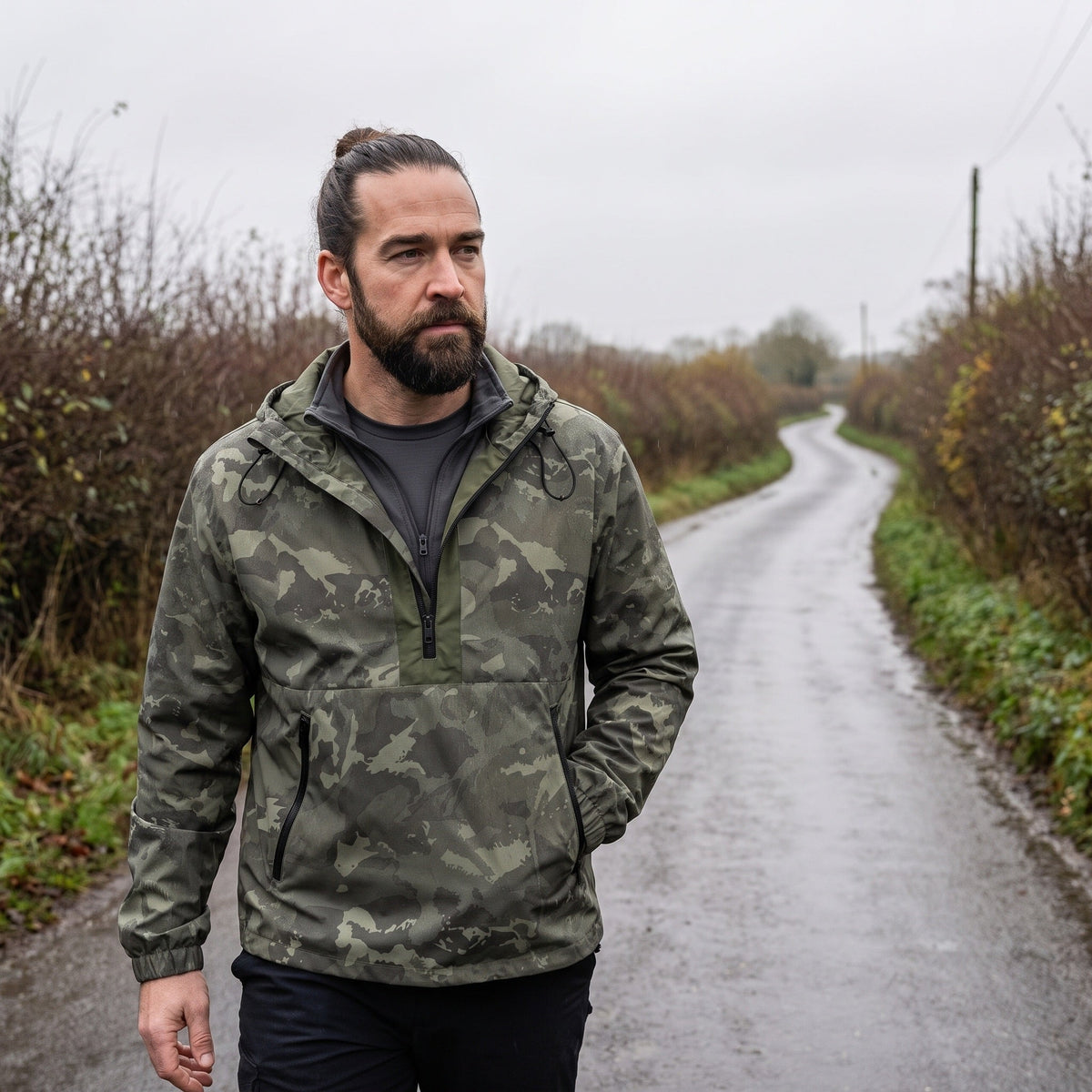 Men's Camo Windbreaker Jacket - Lightweight Hooded Anorak - Half-Zip