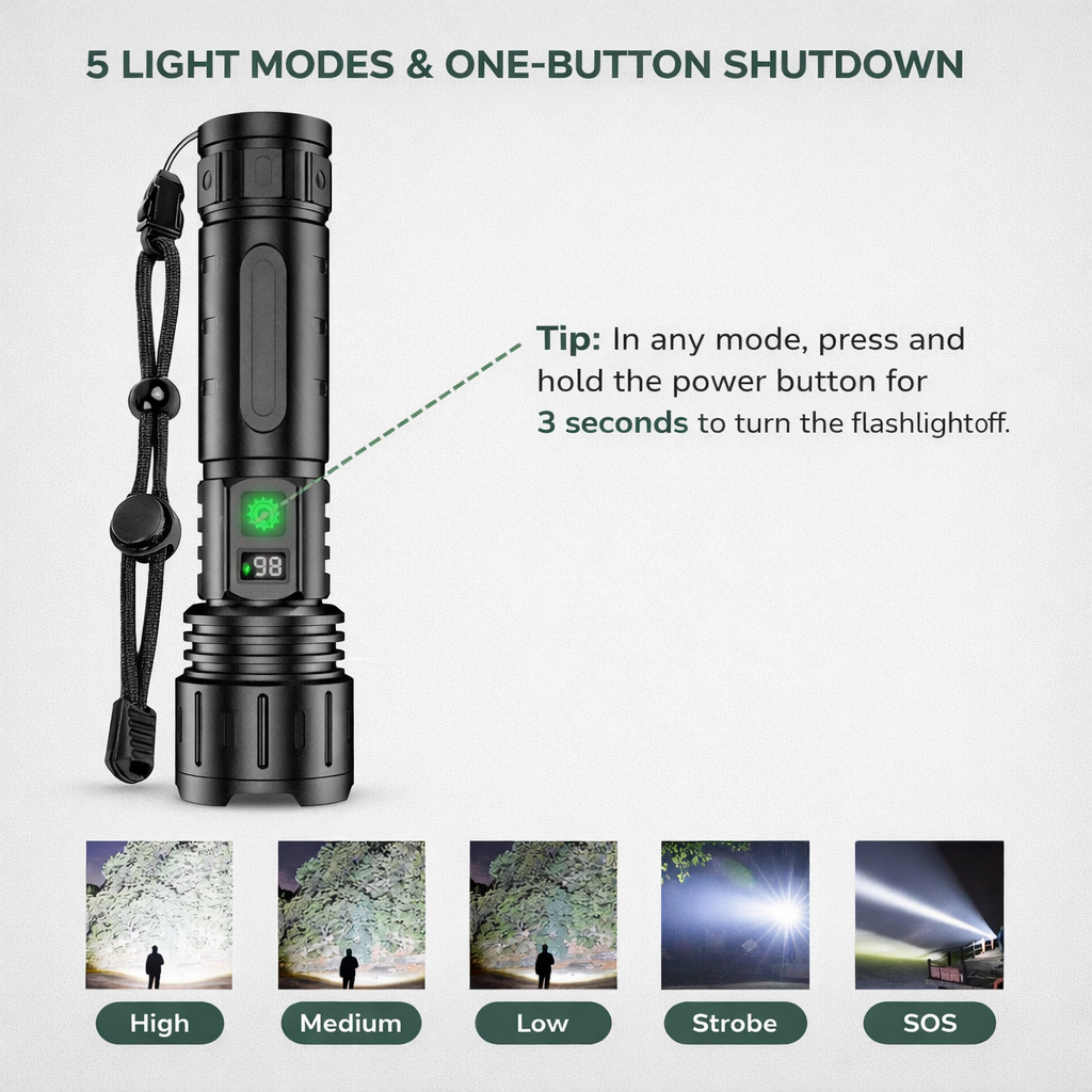 Ultra-Bright Rechargeable LED Torch - High Lumen Waterproof Flashlight with Power Bank Function for Camping and Outdoor Use