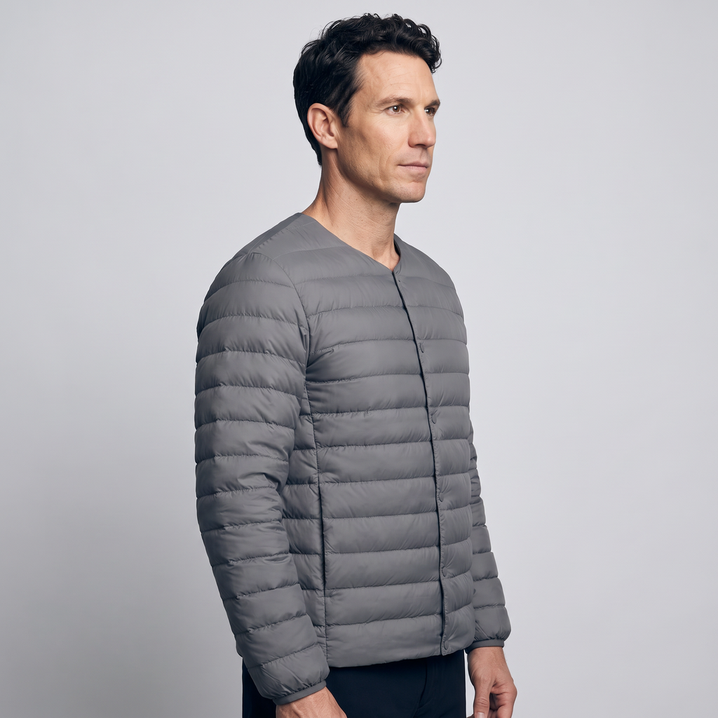 Men's Down Jacket - Convertible V-Neck Collar - Quilted Lightweight