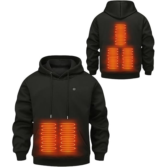 Heated Jacket and Hoodie with USB Electric Heating Zones and Drawstring Hood
