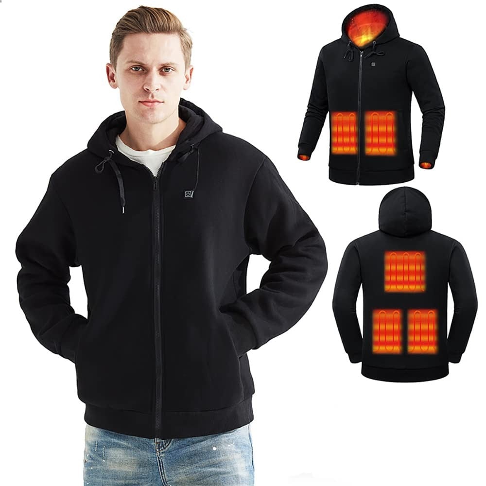 Heated Jacket and Hoodie with USB Electric Heating Zones and Drawstring Hood