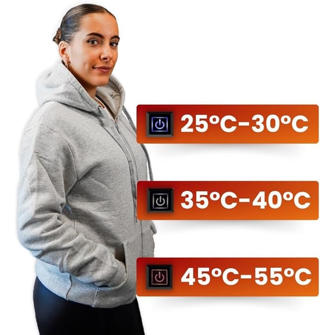 Heated Jacket and Hoodie with USB Electric Heating Zones and Drawstring Hood