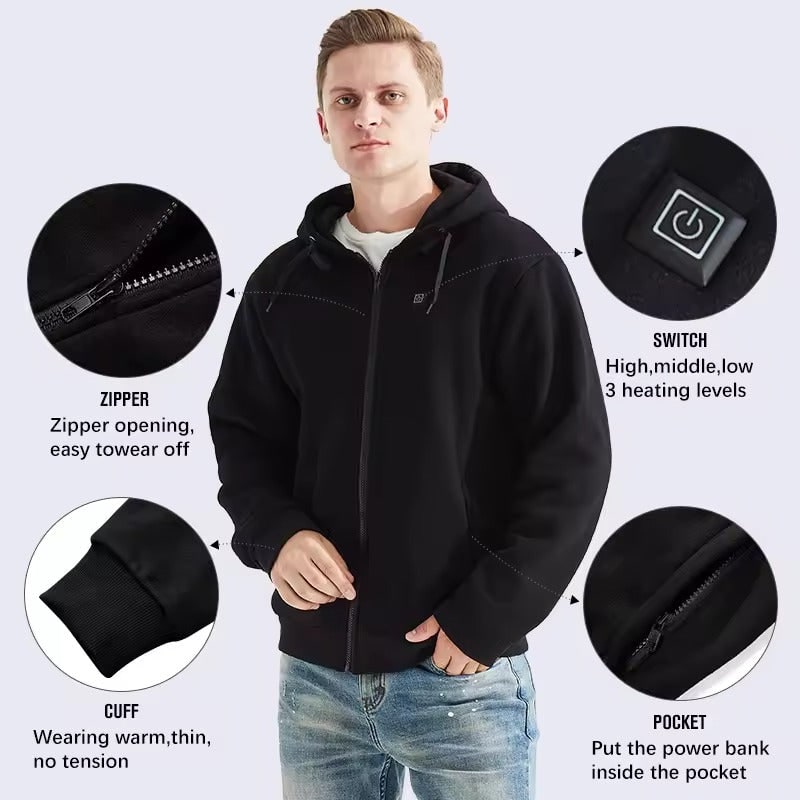 Heated Jacket and Hoodie with USB Electric Heating Zones and Drawstring Hood
