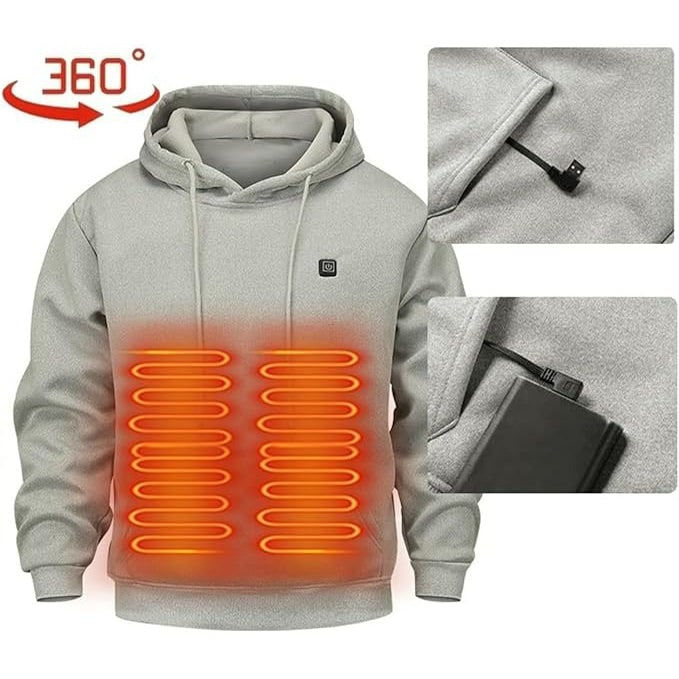 Heated Jacket and Hoodie with USB Electric Heating Zones and Drawstring Hood