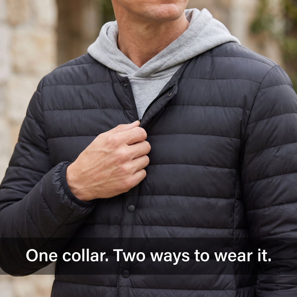 Men's Down Jacket - Convertible V-Neck Collar - Quilted Lightweight