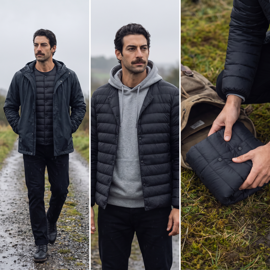 Men's Down Jacket - Convertible V-Neck Collar - Quilted Lightweight
