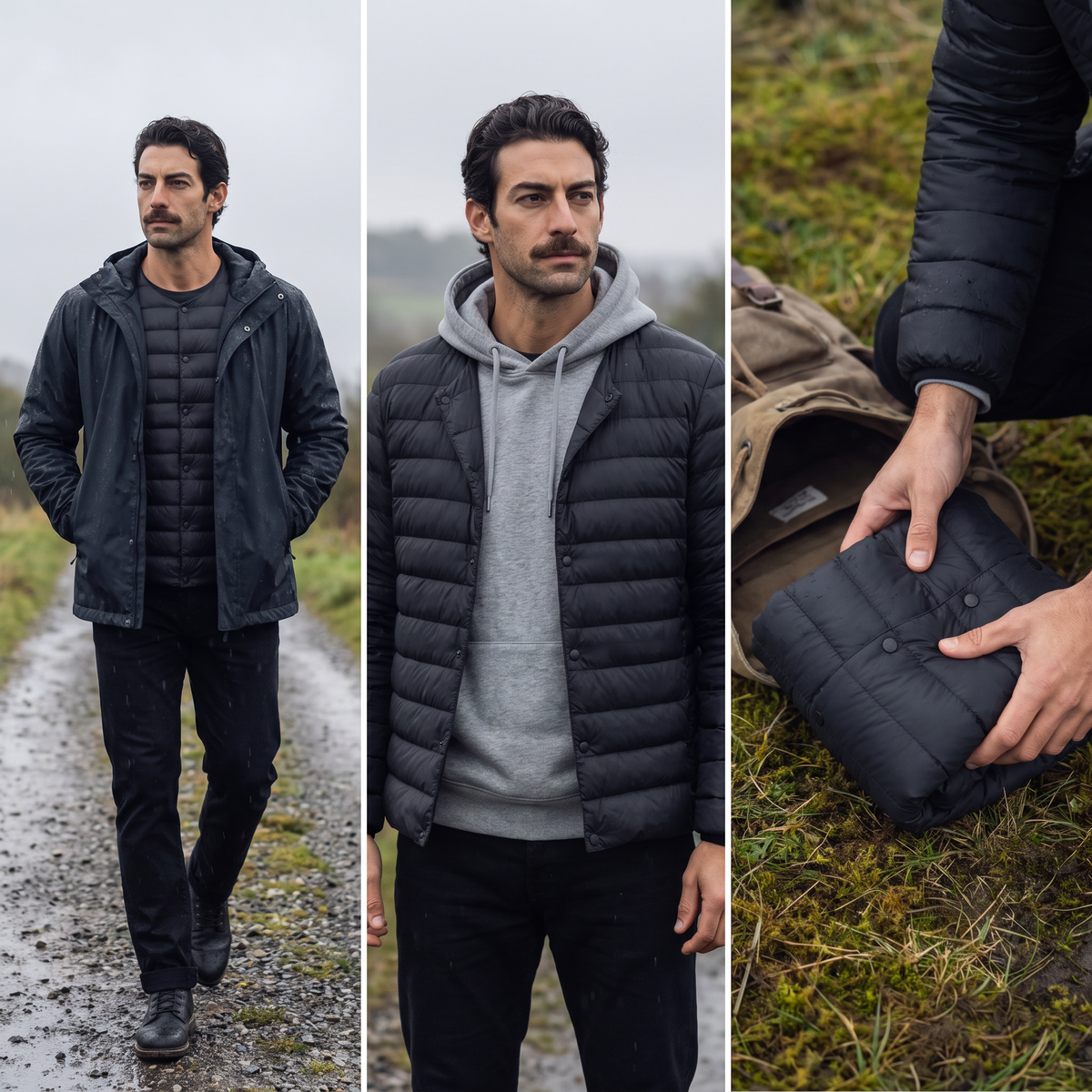 Men's Down Jacket - Convertible V-Neck Collar - Quilted Lightweight