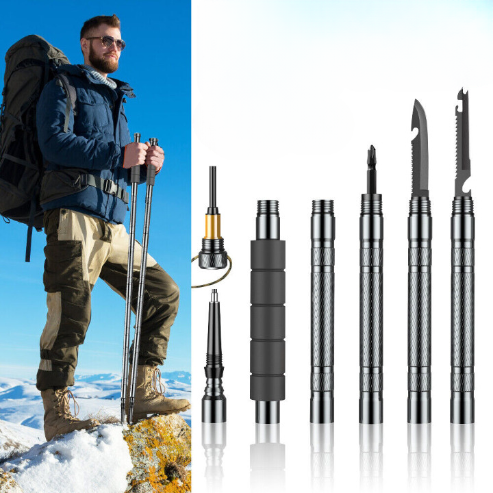 Tactical Hiking Walking Stick – Collapsible Survival Trekking Pole with Compass, Knife, Firestarter & Tungsten Icebreaker