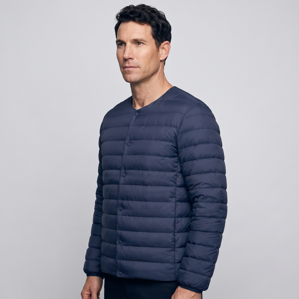Men's Down Jacket - Convertible V-Neck Collar - Quilted Lightweight