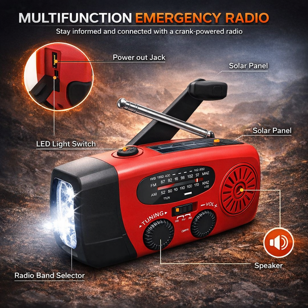Emergency Hand Crank Radio - Solar and USB Rechargeable Weather Radio with Torch for Camping and Outdoor Use