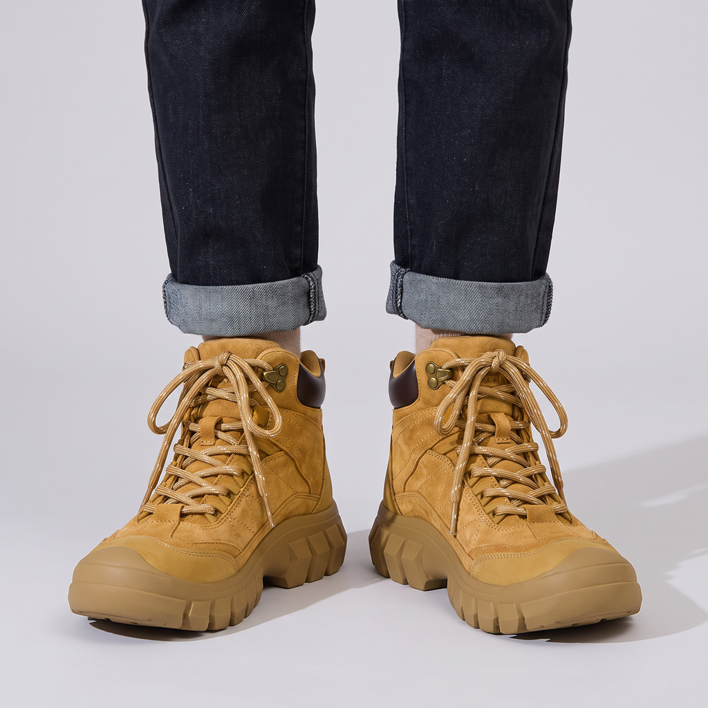 Women's Walking Boots - Suede Leather Ankle Boots, Chunky Grip Sole