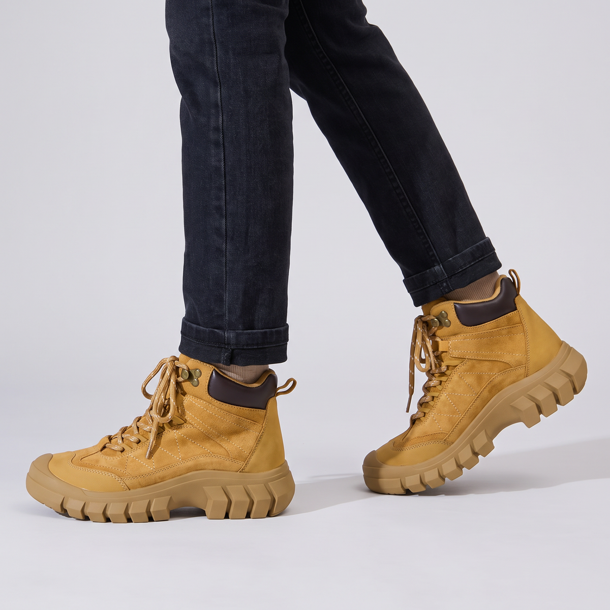 Women's Walking Boots - Suede Leather Ankle Boots, Chunky Grip Sole