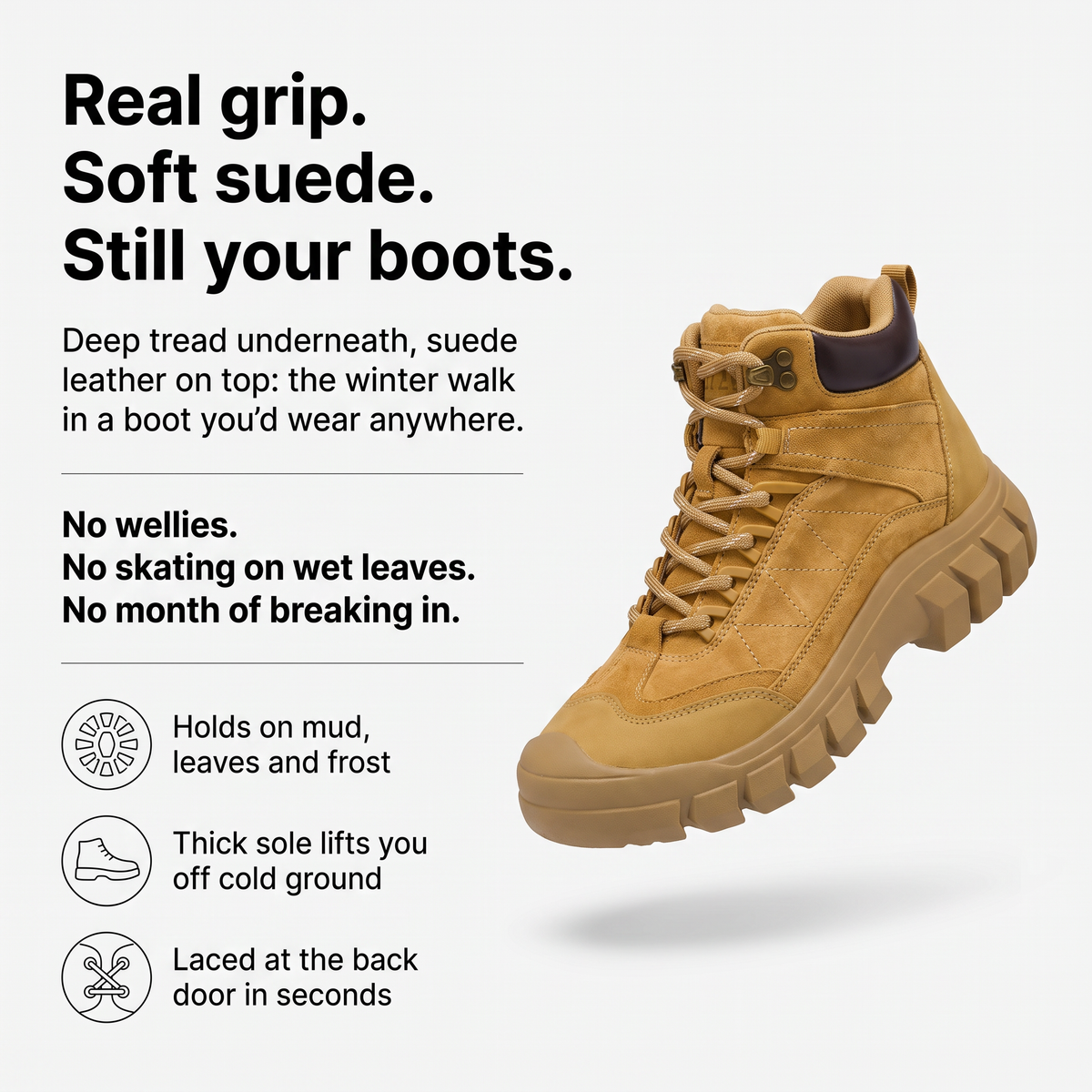 Women's Walking Boots - Suede Leather Ankle Boots, Chunky Grip Sole