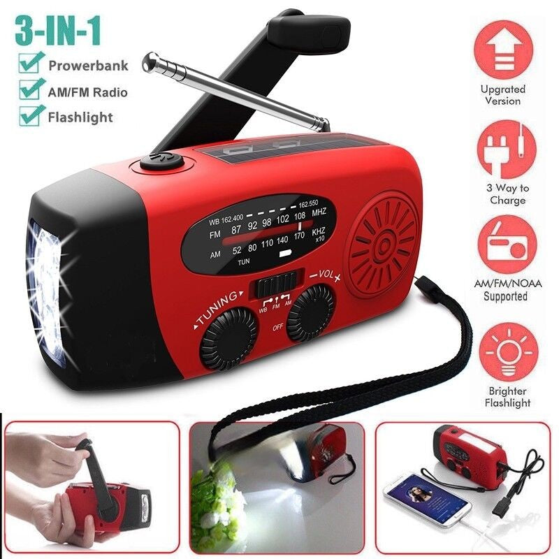 Portable Emergency Solar Radio with Hand Crank, NOAA Weather Alerts, LED Flashlight & 1000mAh Power Bank