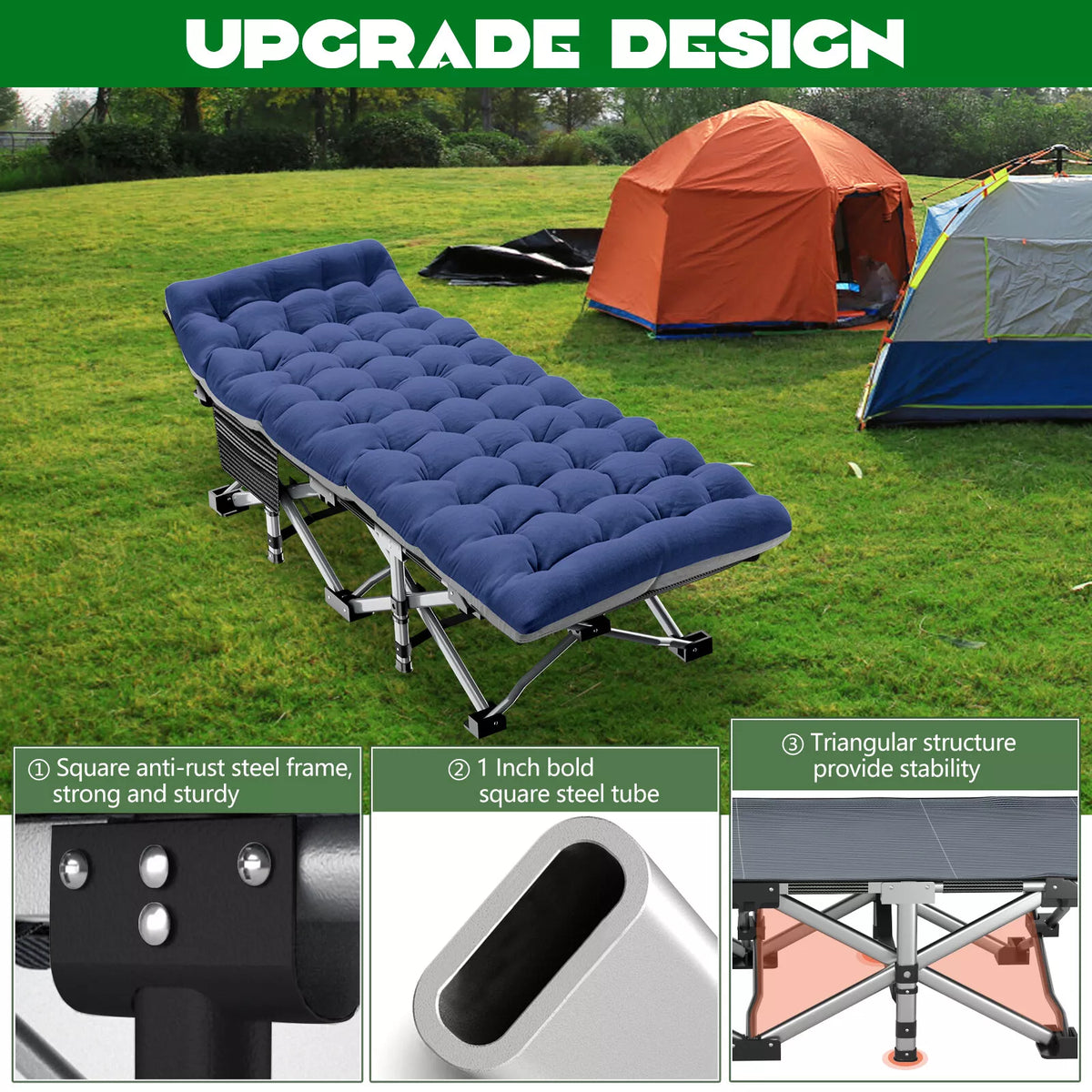Heavy-Duty Camping Cot with Mattress – Portable Folding Outdoor Bed for Adults & Kids