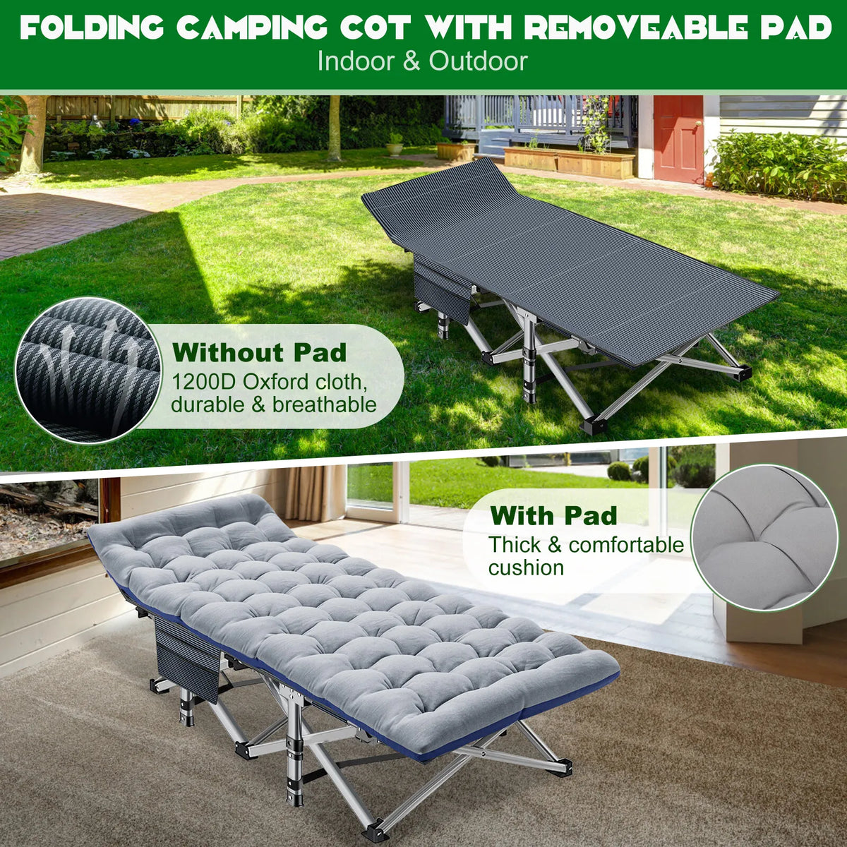 Heavy-Duty Camping Cot with Mattress – Portable Folding Outdoor Bed for Adults & Kids