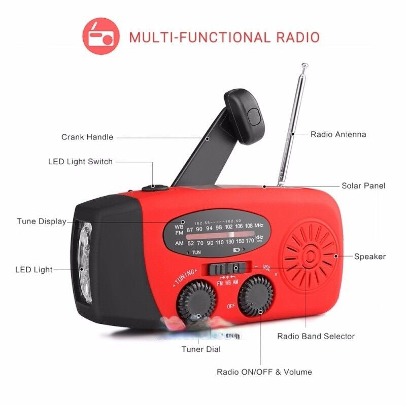 Portable Emergency Solar Radio with Hand Crank, NOAA Weather Alerts, LED Flashlight & 1000mAh Power Bank