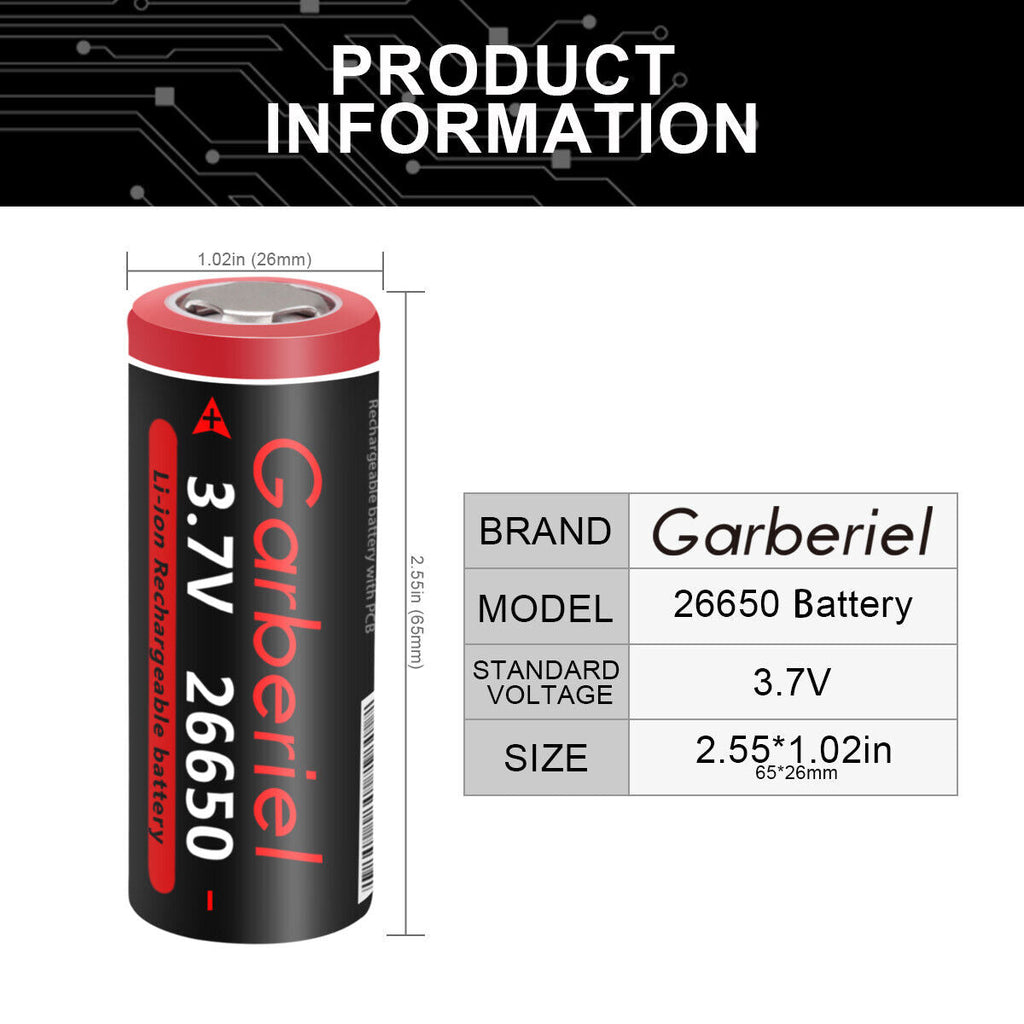 26650 Li-ion 3.7V Rechargeable Batteries – Flat Top, High Capacity Pack of 2