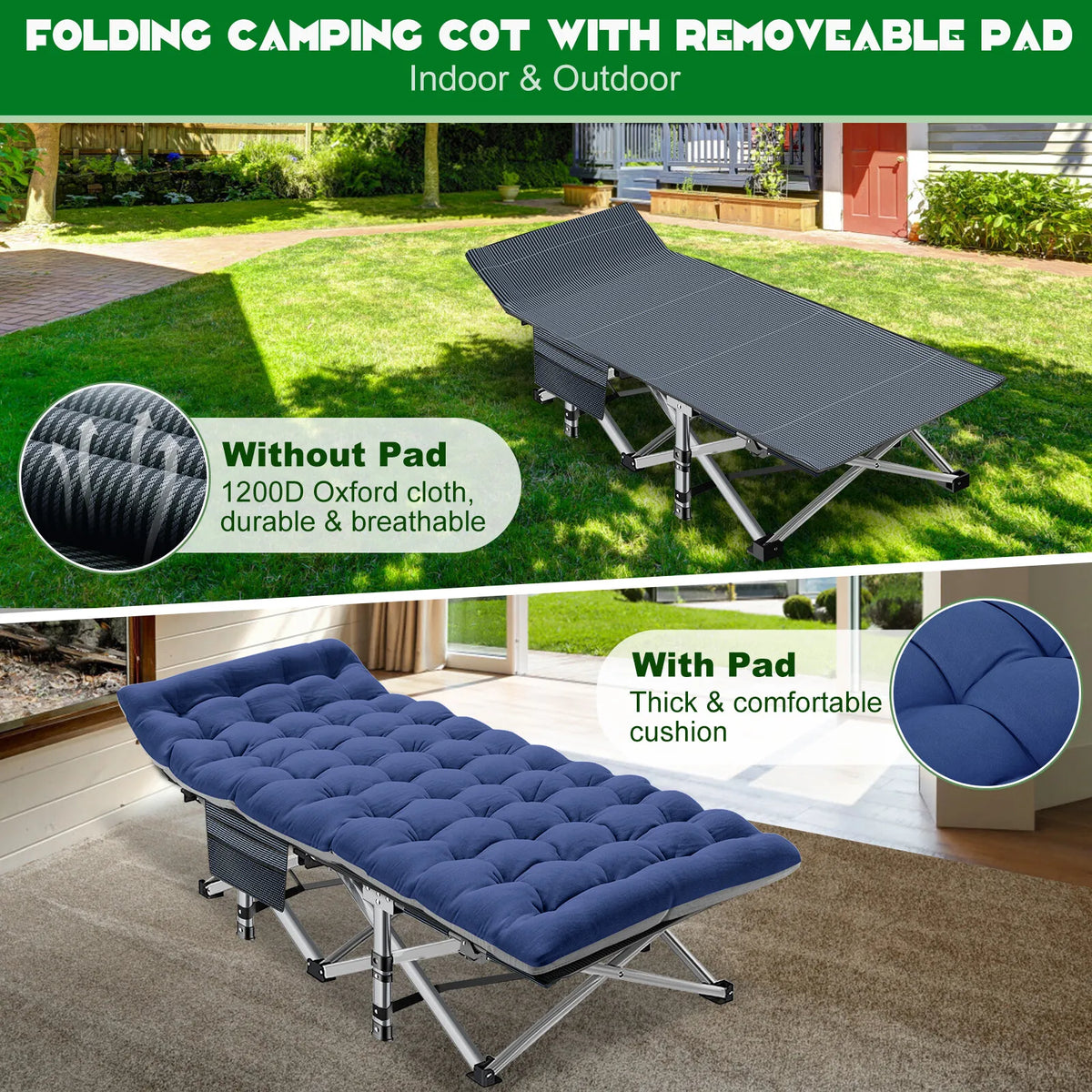 Heavy-Duty Camping Cot with Mattress – Portable Folding Outdoor Bed for Adults & Kids