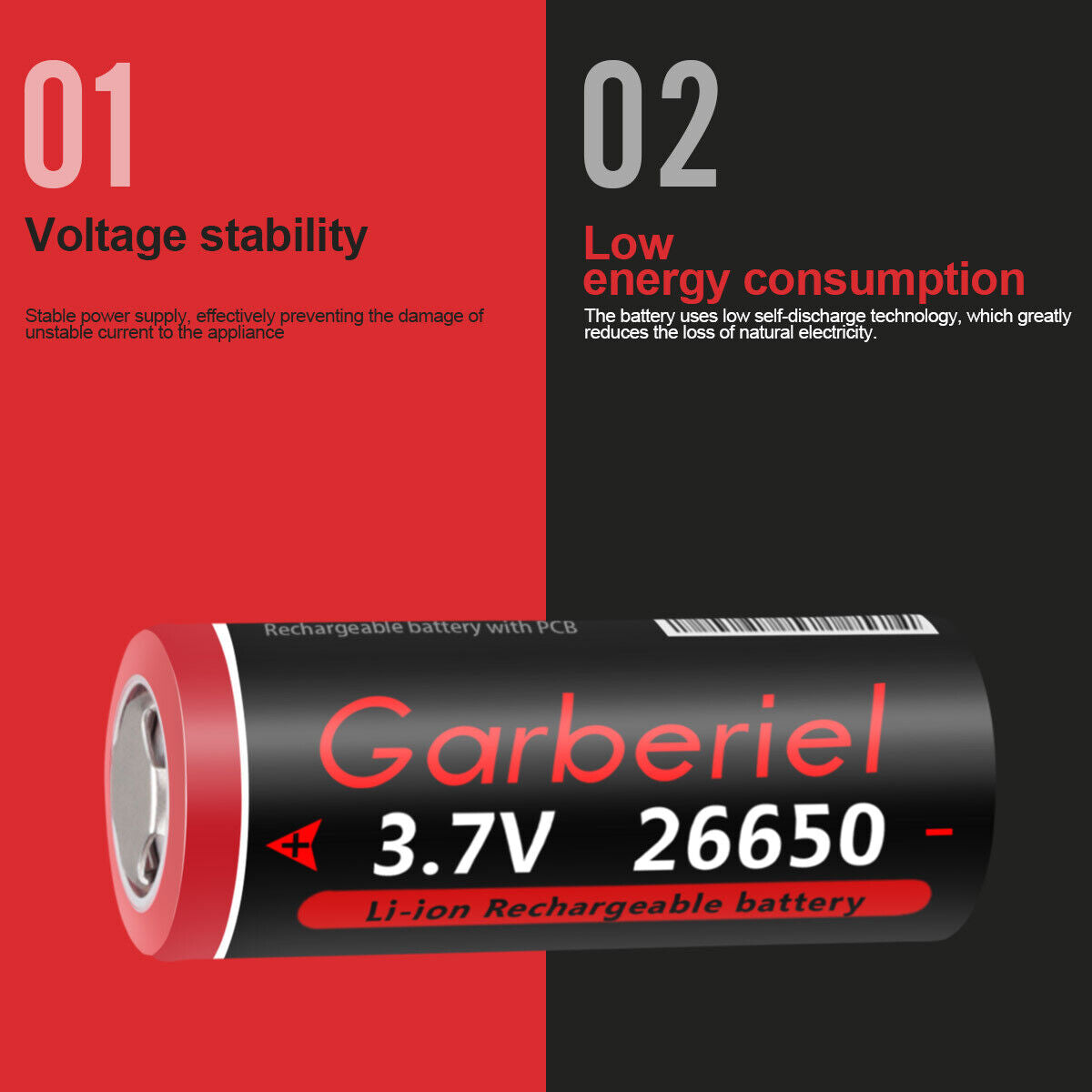 26650 Li-ion 3.7V Rechargeable Batteries – Flat Top, High Capacity Pack of 2