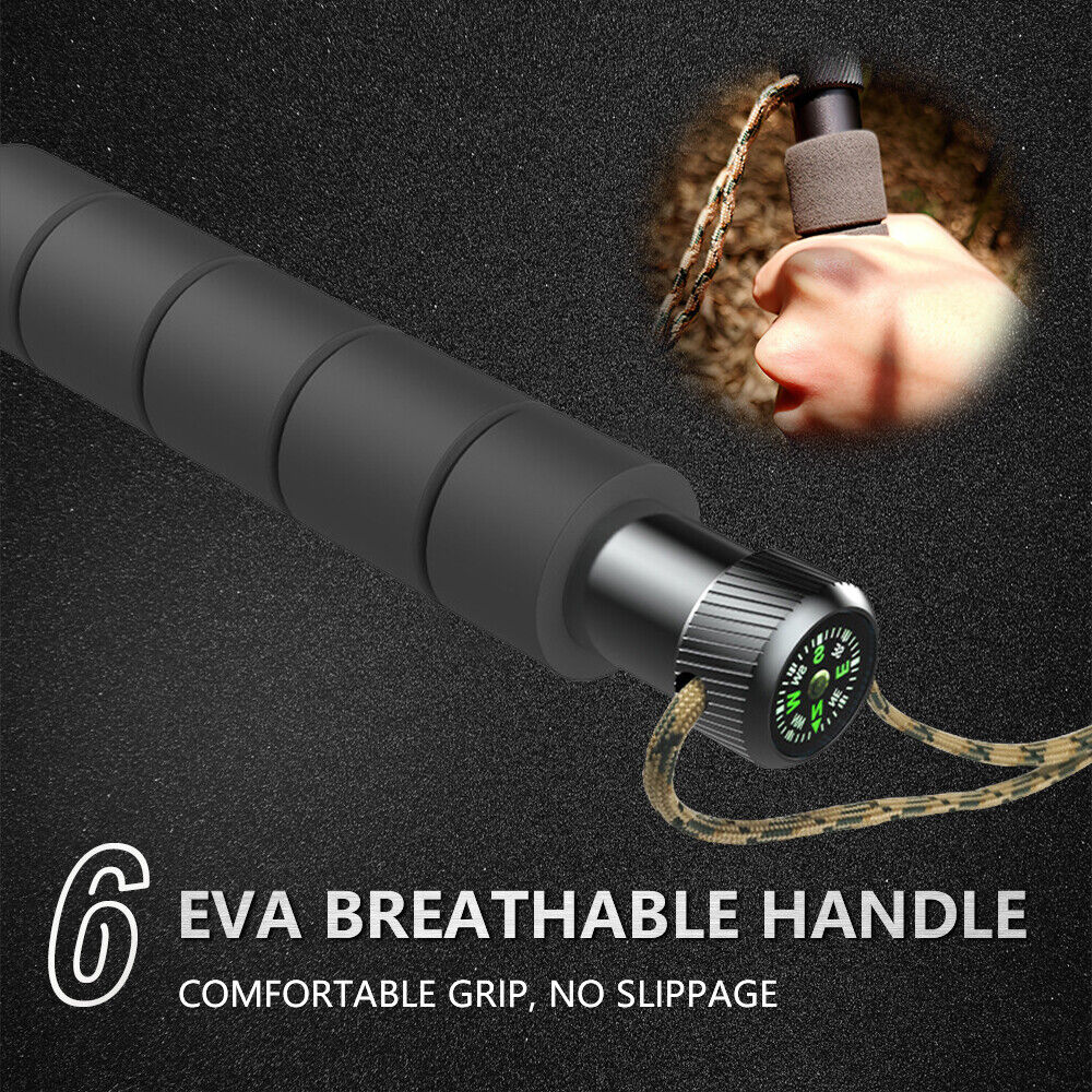 Tactical Hiking Walking Stick – Collapsible Survival Trekking Pole with Compass, Knife, Firestarter & Tungsten Icebreaker