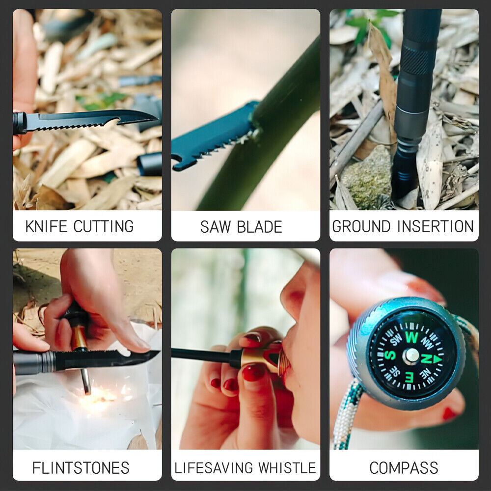 Tactical Hiking Walking Stick – Collapsible Survival Trekking Pole with Compass, Knife, Firestarter & Tungsten Icebreaker