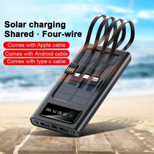 Super 30000mAh Solar Power Bank – Portable Waterproof Charger with 4 USB Ports & Built-In Cables