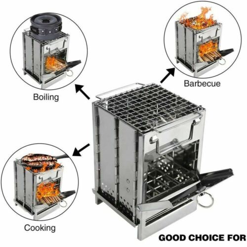 Portable Stainless Steel Wood Burning Camping Stove – Folding Picnic & BBQ Grill (Compact & Lightweight)