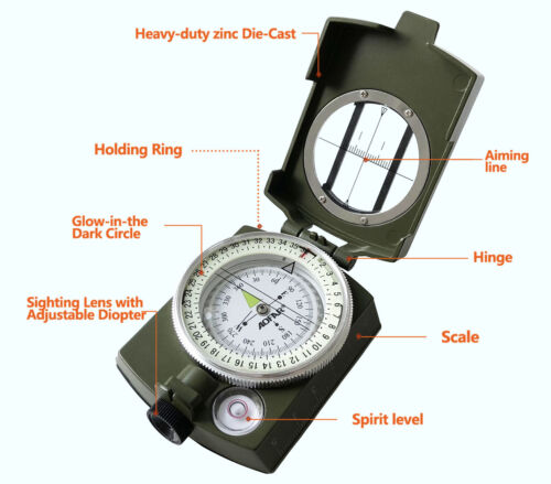 Military Lensatic Sighting Metal Compass with Carrying Pouch