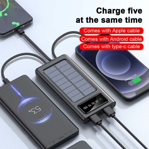 Super 30000mAh Solar Power Bank – Portable Waterproof Charger with 4 USB Ports & Built-In Cables