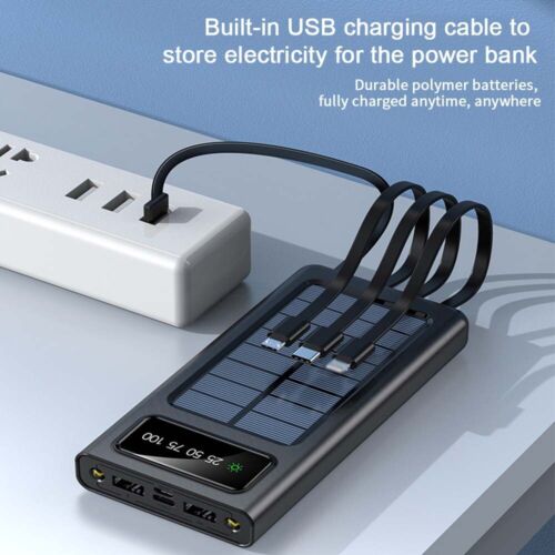 Super 30000mAh Solar Power Bank – Portable Waterproof Charger with 4 USB Ports & Built-In Cables