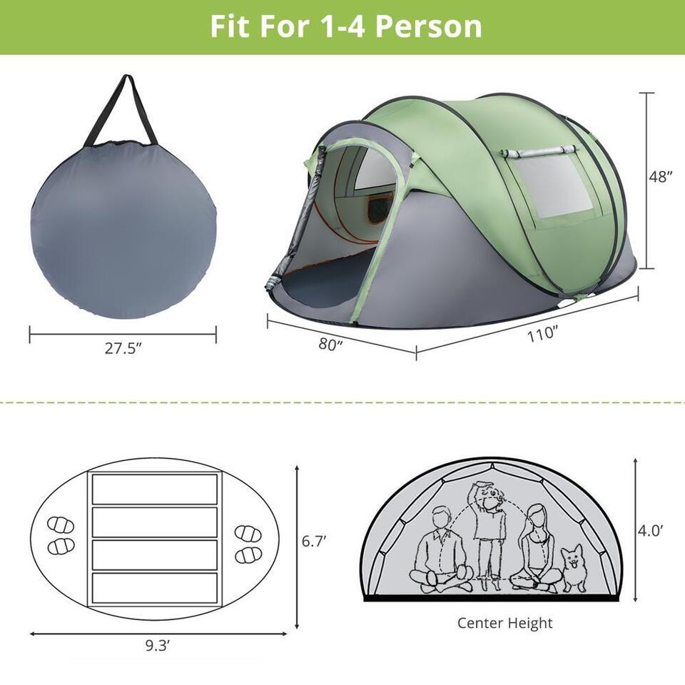 4 Person Pop-Up Camping Tent – Waterproof Automatic Instant Setup Family Tent