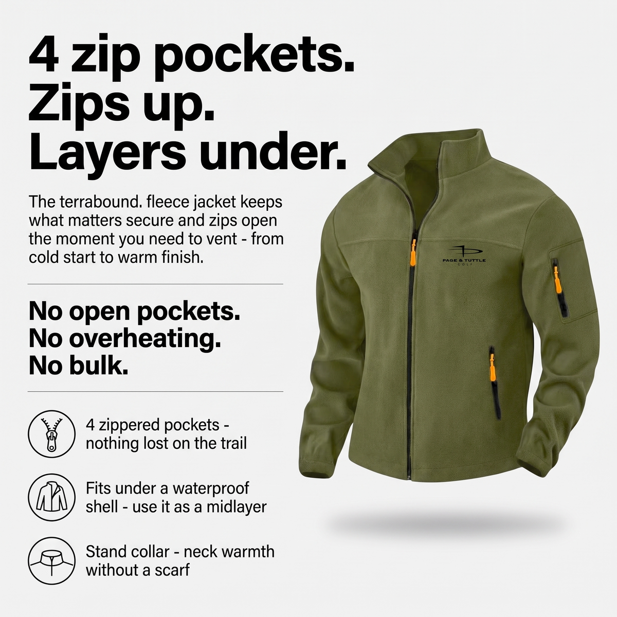 Men's Fleece Jacket - Full Zip Stand Collar - Walking & Hiking Midlayer