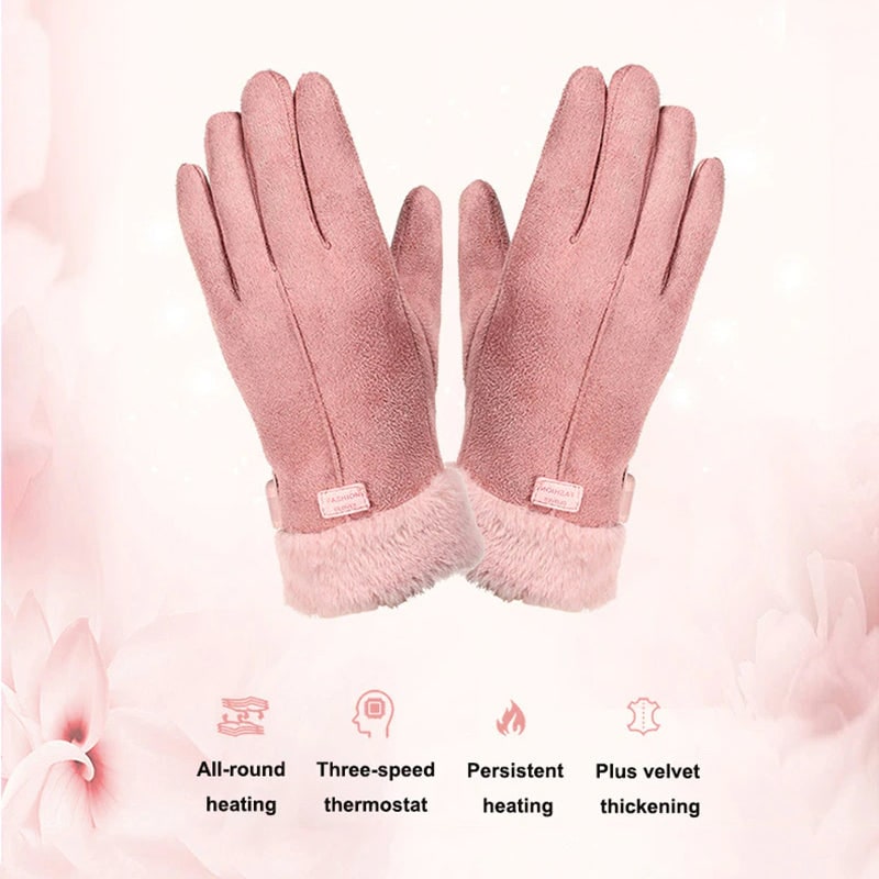 Women's Heated Gloves with Rechargeable Battery Faux Fur Cuffs and Fleece Lining