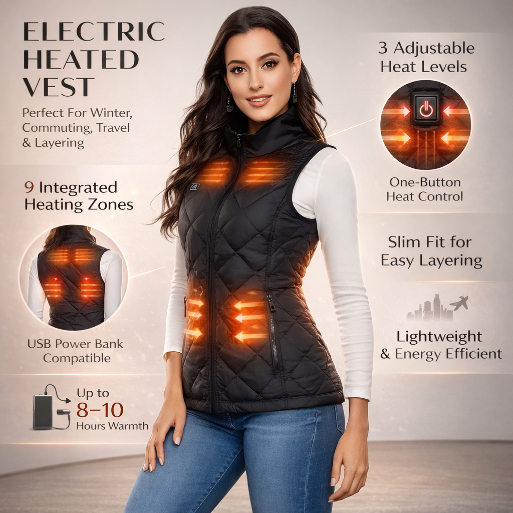 Women's Heated Vest with Electric Quilted Design and Stand Collar for Lightweight