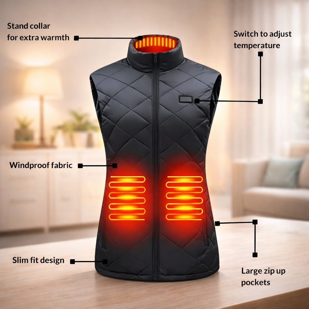 Women's Heated Vest with Electric Quilted Design and Stand Collar for Lightweight